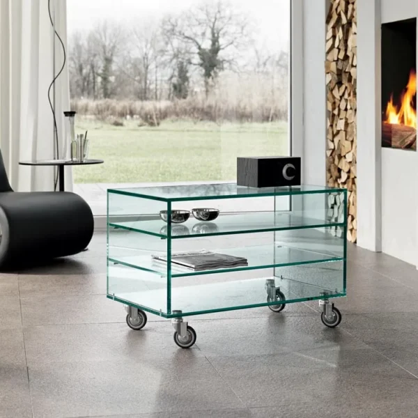 Modern Italian glass trolley Grattacielo Fix by Tonelli Design, featuring stackable transparent or extra-clear glass elements and a base with castors, available in Royal Oak, Michigan.