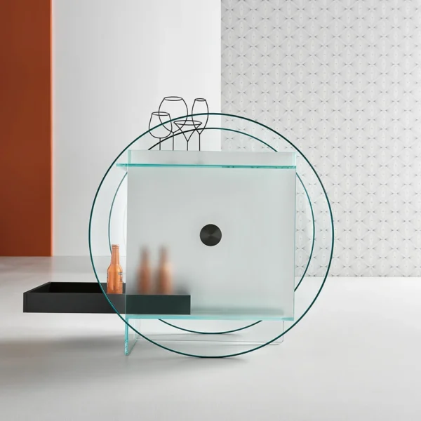 Modern Italian glass bar trolley Kart by Tonelli Design, featuring iconic oversized glass wheels and a black matte lacquered wooden tray, available in Royal Oak, Michigan.