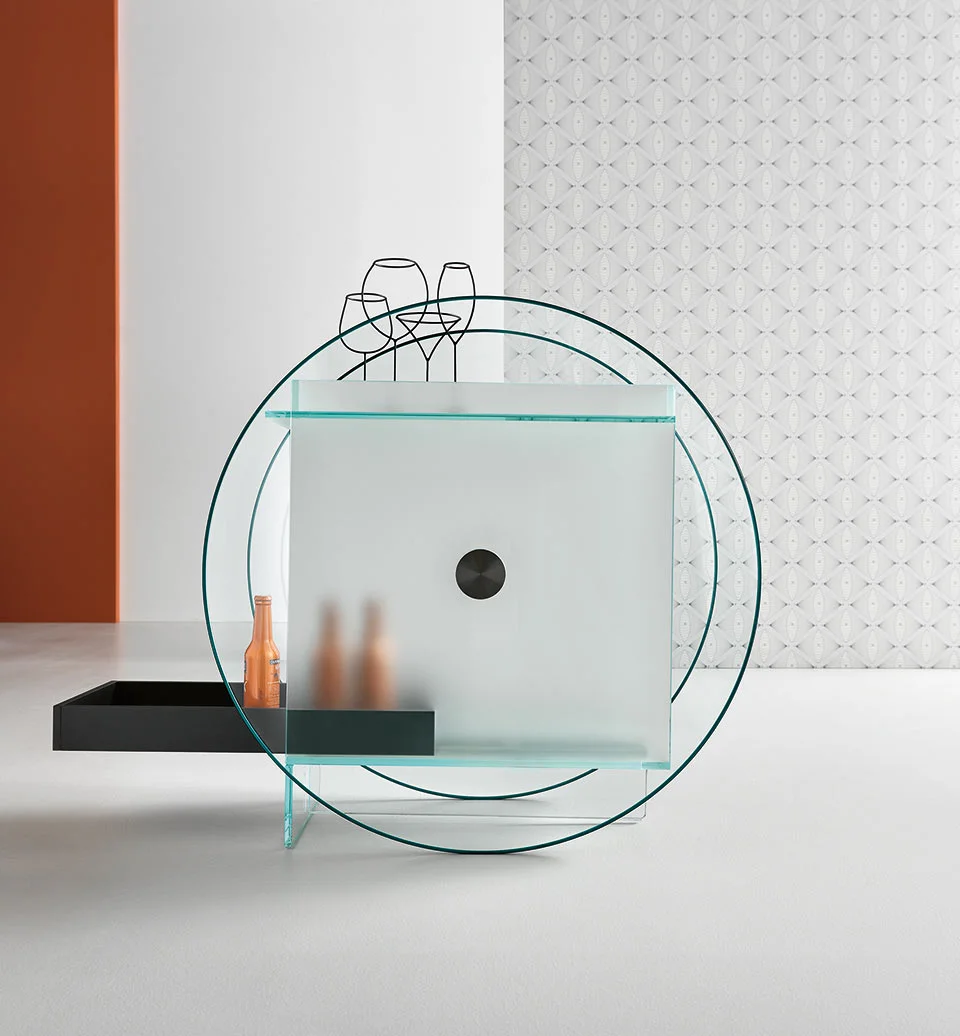 Modern Italian glass bar trolley Kart by Tonelli Design, featuring iconic oversized glass wheels and a black matte lacquered wooden tray, available in Royal Oak, Michigan.