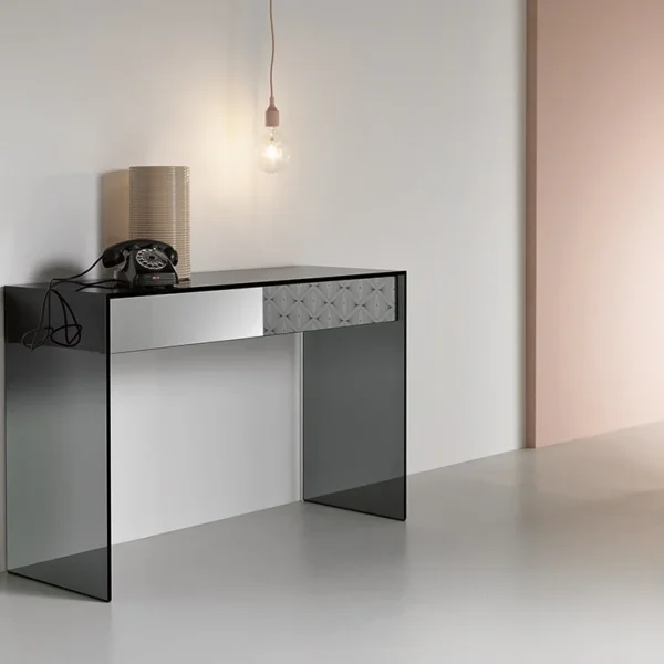 Gotham Console Table by Tonelli Design with smoked glass frame and black wooden drawer, displayed in Royal Oak, Michigan.