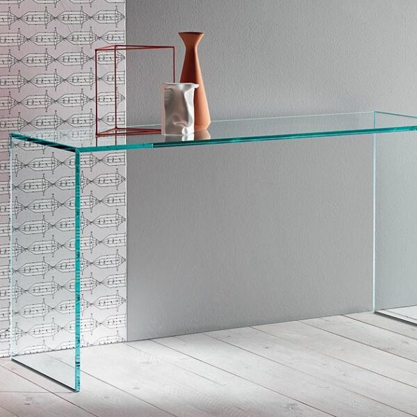 Gulliver Console by Tonelli Design with transparent glass structure, displayed in Royal Oak, Michigan.