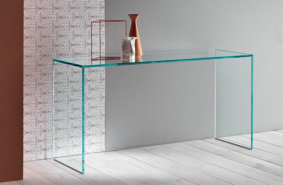 Gulliver Console by Tonelli Design with transparent glass structure, displayed in Royal Oak, Michigan.