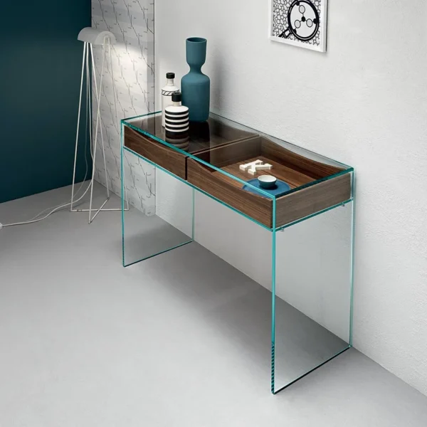 Gulliver 2 Console by Tonelli Design with transparent glass structure and bleached oak drawers, displayed in Royal Oak, Michigan.