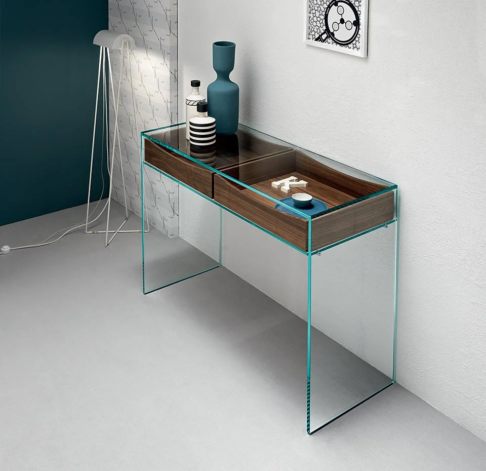 Gulliver 2 Console by Tonelli Design with transparent glass structure and bleached oak drawers, displayed in Royal Oak, Michigan.