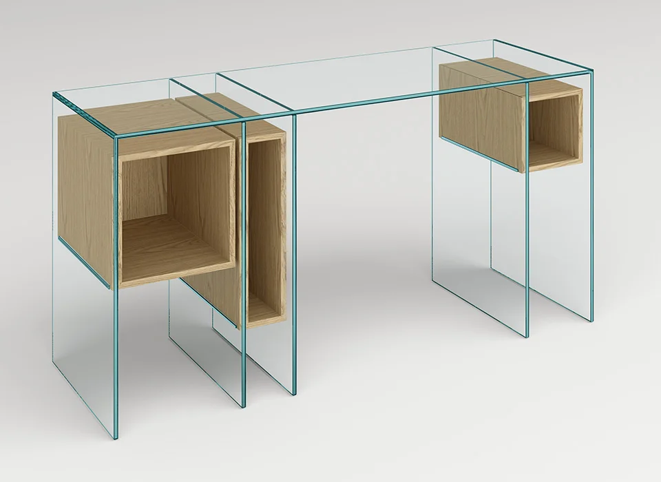 Modern Italian glass desk Marcell by Tonelli Design, featuring welded extra-clear or smoked glass and wooden storage units in Eucalipto, Siberian Ash, or Natural Oak, available in Royal Oak, Michigan.