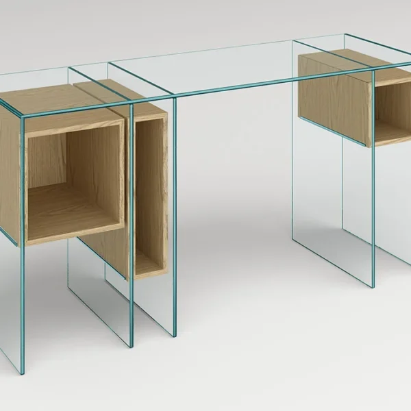 "Marcell Console by Tonelli Design with extra-clear glass structure and Eucalyptus wood containers, displayed in Royal Oak, Michigan."