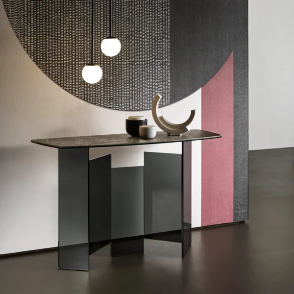 Metropolis Console by Tonelli Design with smoked glass base and Calacatta Arabescato ceramic top, displayed in Royal Oak, Michigan.