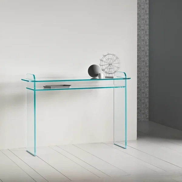 Opalina Console by Tonelli Design with extra-clear glass structure and integrated shelf, displayed in Royal Oak, Michigan.