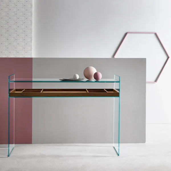 Quiller Console by Tonelli Design with extra-clear bevelled glass structure and optional Canaletto walnut tray, displayed in Royal Oak, Michigan.