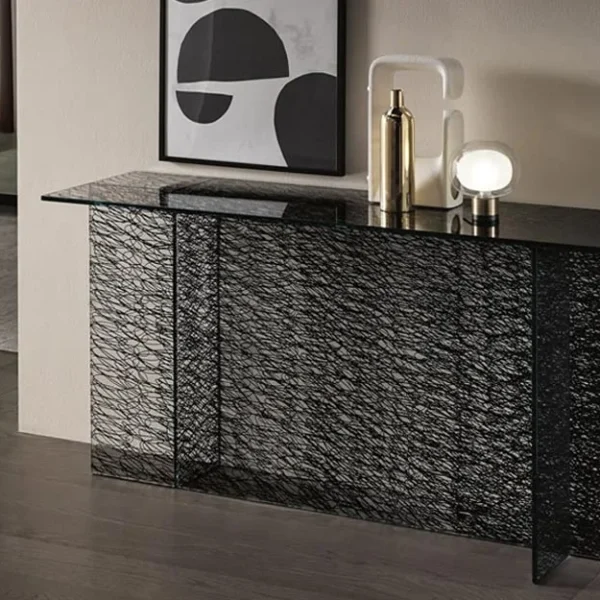 Sestante Console by Tonelli Design with extra-clear glass base and Arabescato Orobico Gold marble top, displayed in Royal Oak, Michigan.