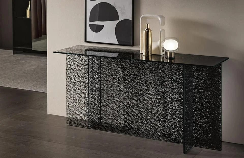 Sestante Console by Tonelli Design with extra-clear glass base and Arabescato Orobico Gold marble top, displayed in Royal Oak, Michigan.