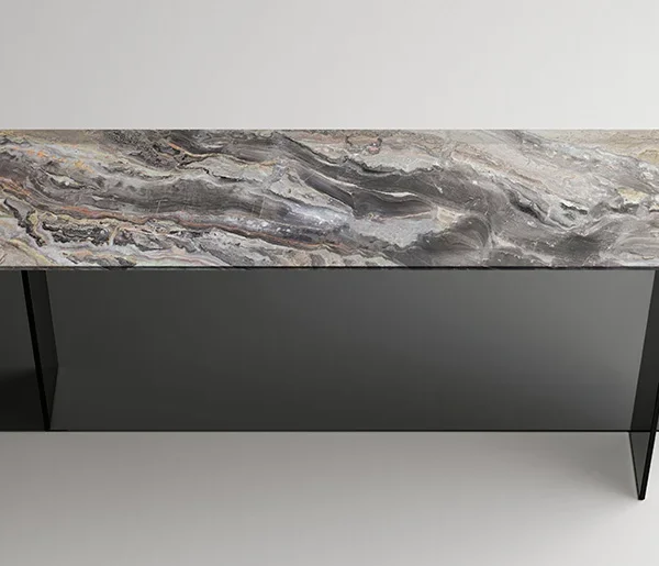“Rear shot of the black Marble Bottle table highlighting its solid base symmetry and tabletop minimalism.”