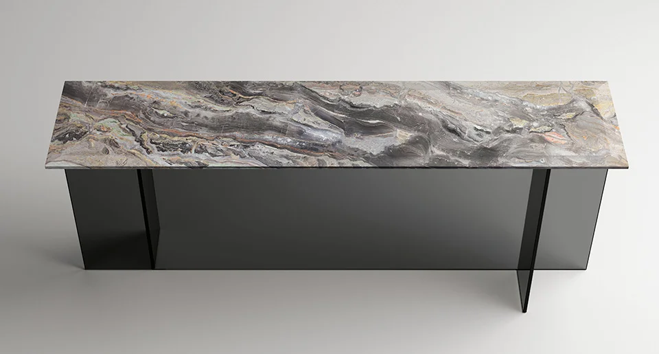 “Rear shot of the black Marble Bottle table highlighting its solid base symmetry and tabletop minimalism.”
