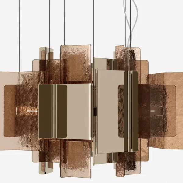 Modern Italian LED pendant lamp Cathedral by Tonelli Design, featuring fused smoked glass and titanium metal slats in a sculptural arrangement, available in Royal Oak, Michigan.
