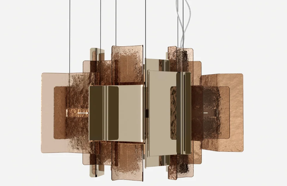 Modern Italian LED pendant lamp Cathedral by Tonelli Design, featuring fused smoked glass and titanium metal slats in a sculptural arrangement, available in Royal Oak, Michigan.