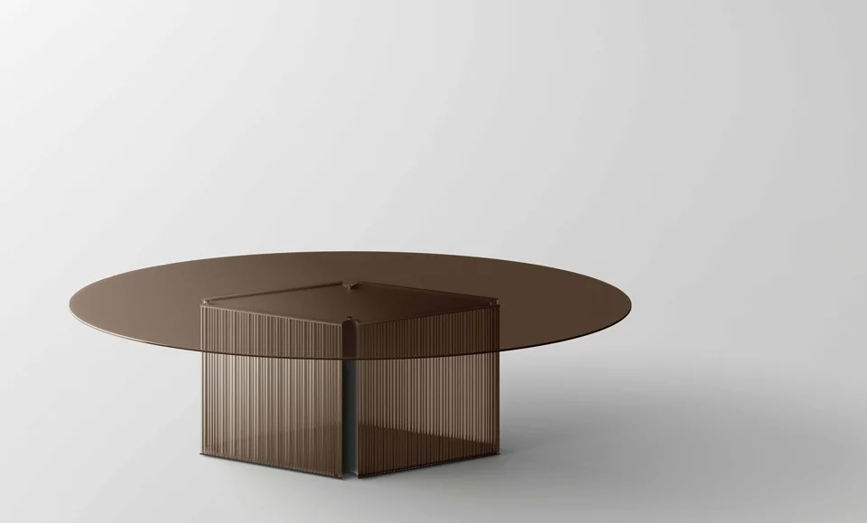 Bow dining table by Tonelli Design with extra-clear tempered glass top and T-Squares fused glass base in smoked finish, displayed in Royal Oak, Michigan.