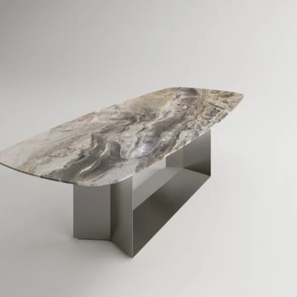 T5 Stone dining table by Tonelli Design with matte brushed marble base and extra-clear glass top, displayed in Royal Oak, Michigan.