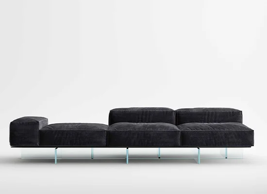 Modern Italian modular sofa Soft Glass by Tonelli Design, featuring soft upholstered volumes and a 20mm laminated glass base, available in Royal Oak, Michigan.