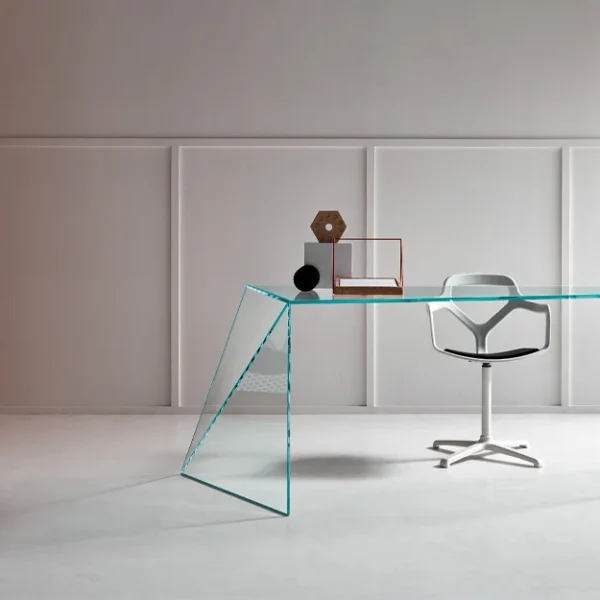 Modern Italian glass desk Penrose by Tonelli Design, featuring an asymmetric structure with oblique welding, available in Royal Oak, Michigan.