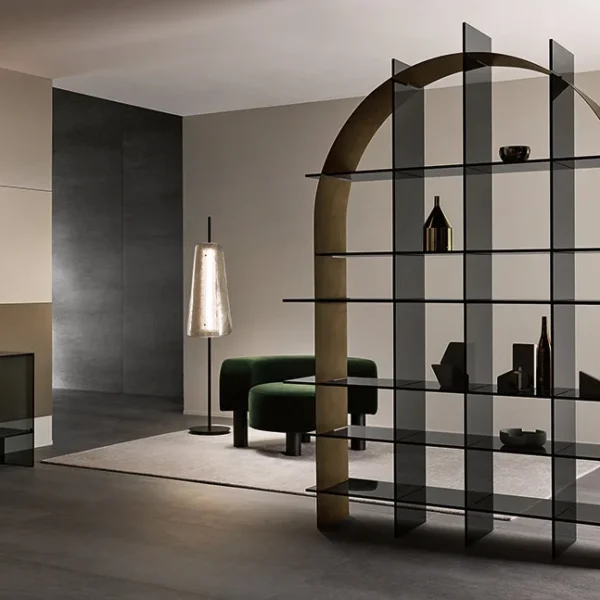 Modern Bookcase Paradigma by Tonelli Design, sleek glass and wood design, Troy Michigan.