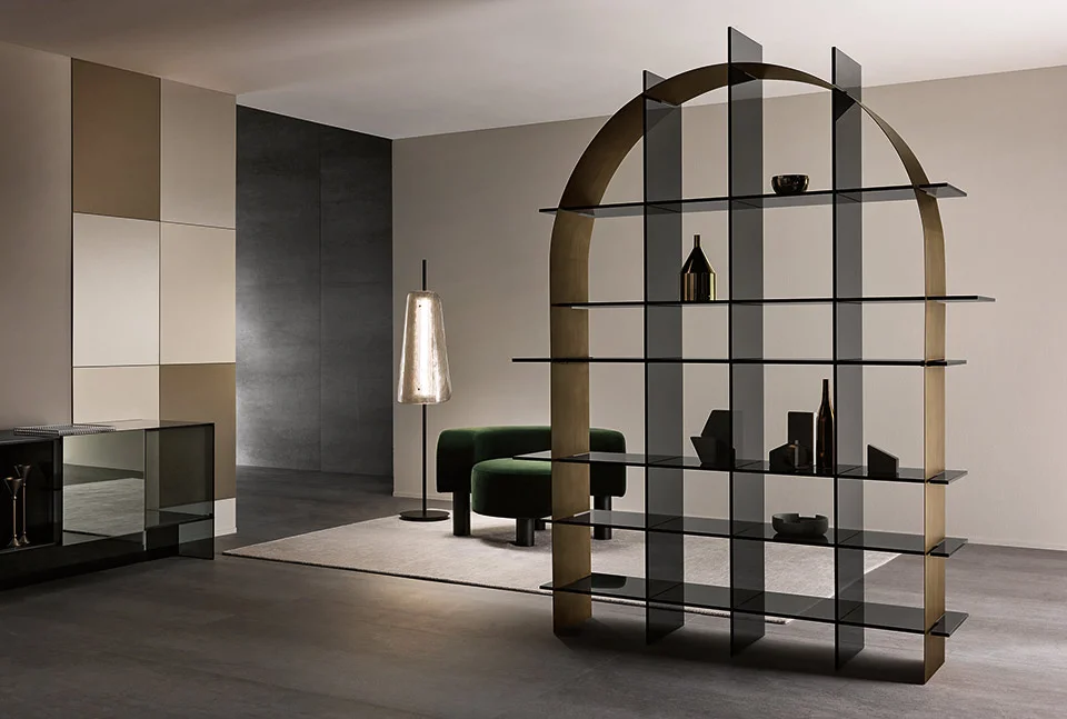 Modern Bookcase Paradigma by Tonelli Design, sleek glass and wood design, Troy Michigan.
