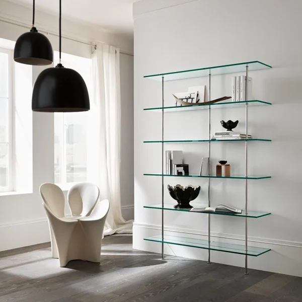Modern Bookcase Paradigma by Tonelli Design, sleek glass and wood design, Troy Michigan.