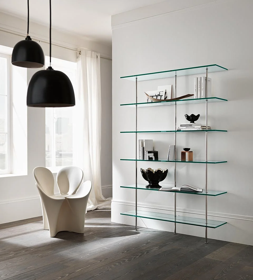Modern Bookcase Paradigma by Tonelli Design, sleek glass and wood design, Troy Michigan.