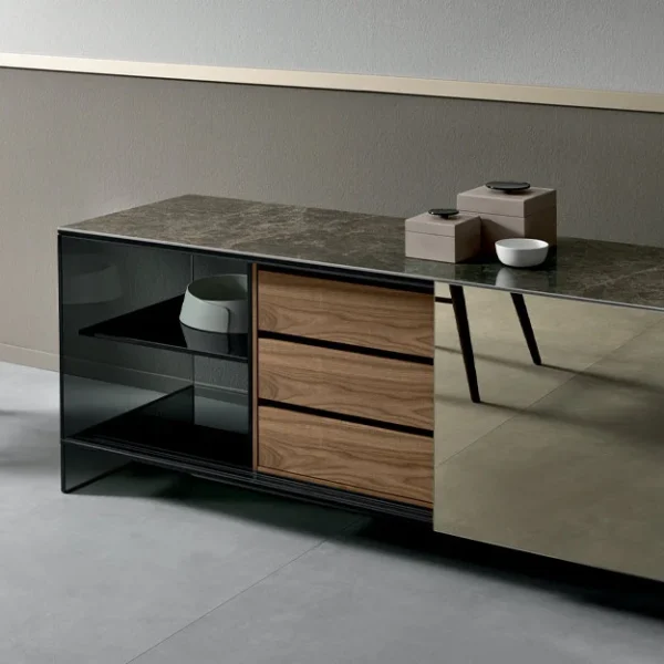 Tonelli Design Shoji Madia, elegant glass and wood cabinet, refined style, Troy Michigan.