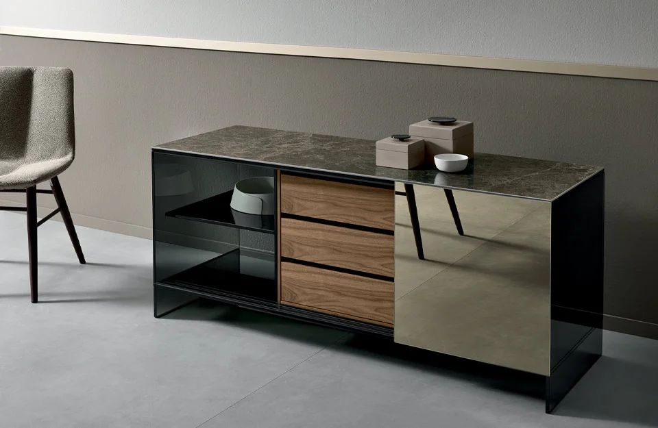 Tonelli Design Shoji Madia, elegant glass and wood cabinet, refined style, Troy Michigan.