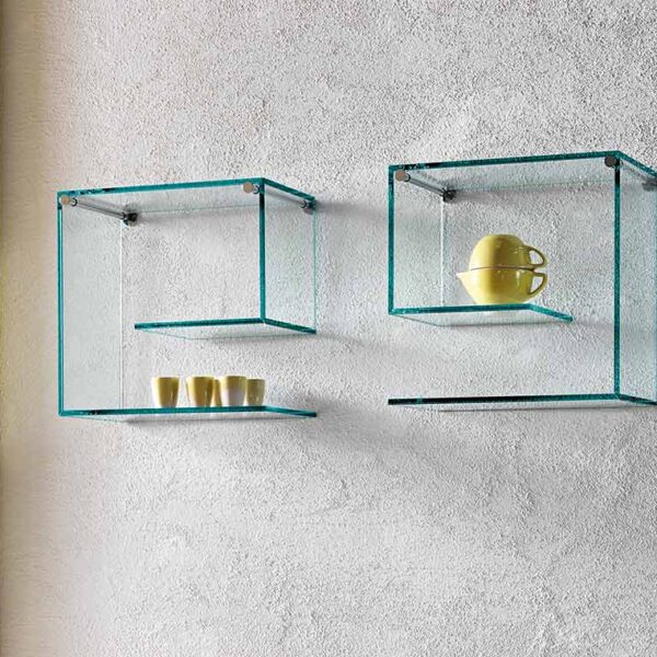 Modern Italian glass wall shelf Alfabeta by Tonelli Design, featuring geometric design and adjustable supports, available in Royal Oak, Michigan.
