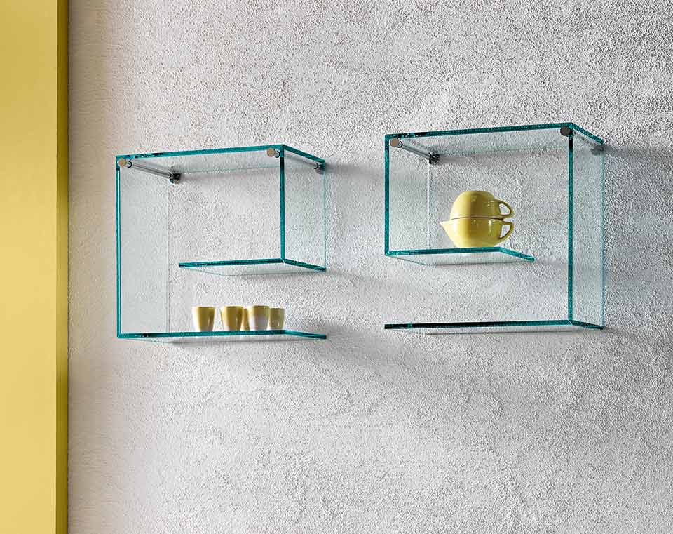 Modern Italian glass wall shelf Alfabeta by Tonelli Design, featuring geometric design and adjustable supports, available in Royal Oak, Michigan.