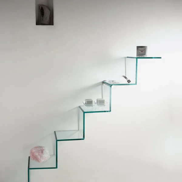 Modern Italian glass wall shelf Sky Ladder by Tonelli Design, featuring a ladder-like design with transparent or extra-clear glass, available in Royal Oak, Michigan.