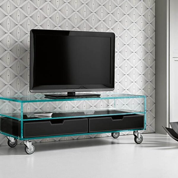 "Modern Italian glass TV stand with optional leather drawers by Tonelli Design, combining sleek design and functionality, available in Royal Oak, Michigan."