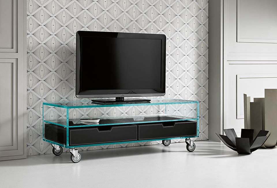 "Modern Italian glass TV stand with optional leather drawers by Tonelli Design, combining sleek design and functionality, available in Royal Oak, Michigan."