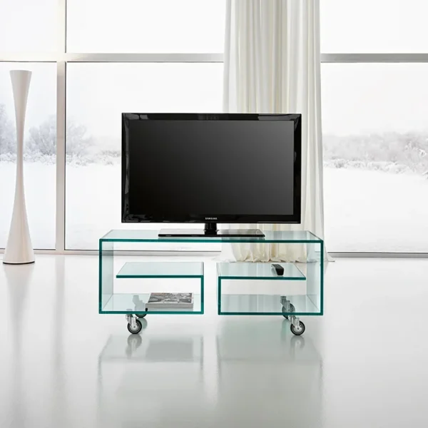 "Modern Italian glass TV stand Flò 1 by Tonelli Design, featuring transparent or extra-clear glass and castors for mobility, available in Royal Oak, Michigan."