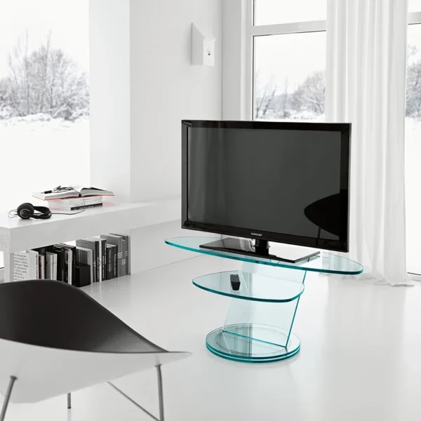 Modern Italian glass TV stand Scenario by Tonelli Design, featuring a rotating base and sleek design, available in Royal Oak, Michigan."