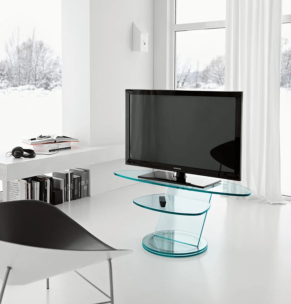 Modern Italian glass TV stand Scenario by Tonelli Design, featuring a rotating base and sleek design, available in Royal Oak, Michigan."