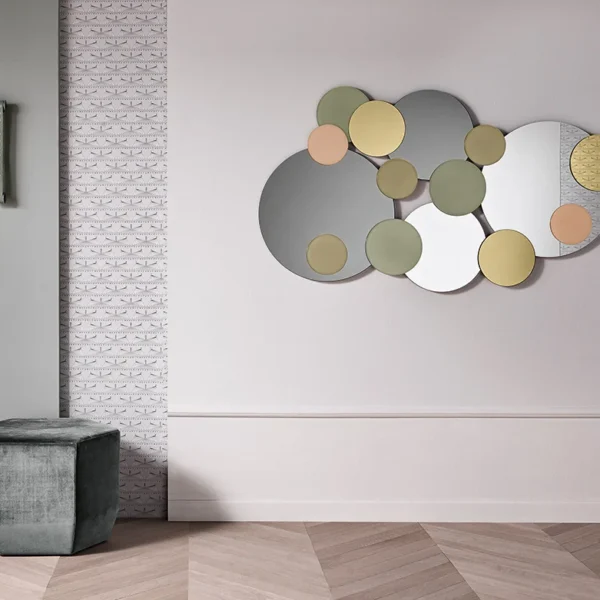 Tonelli Design's "Atomic" is a captivating glass mirror with a unique, multi-faceted design. Modern Italian art for luxurious Royal Oak homes.