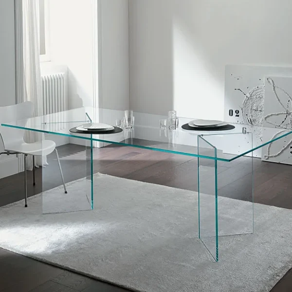 Modern Italian glass desk Bacco by Tonelli Design, featuring minimalist design with mirrored glass supports, available in Royal Oak, Michigan.
