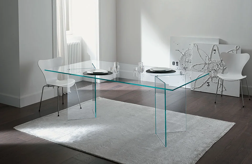 Modern Italian glass desk Bacco by Tonelli Design, featuring minimalist design with mirrored glass supports, available in Royal Oak, Michigan.