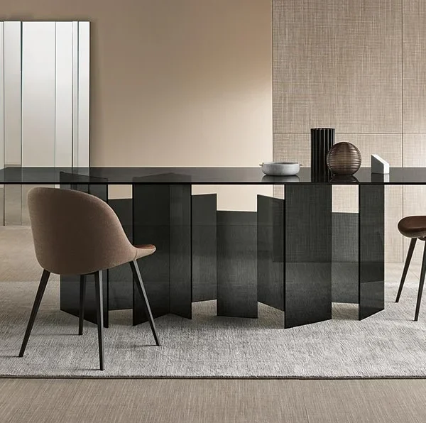 Metropolis dining table by Tonelli Design with Calacatta Gold marble-effect ceramic top and smoked glass base, displayed in Royal Oak, Michigan.