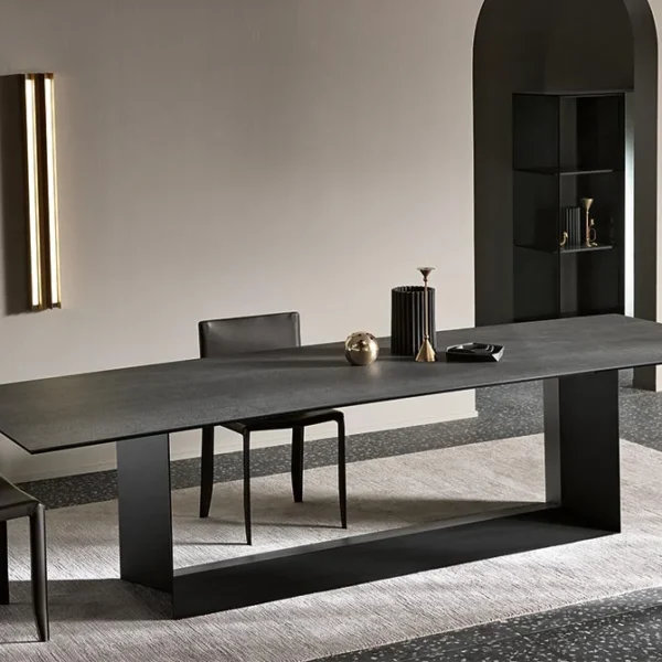 T5 dining table by Tonelli Design with extra-clear glass top and brushed gold metal base, displayed in Royal Oak, Michigan.