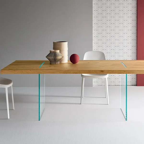 Tavolante Aged Oak dining table by Tonelli Design with aged oak top and transparent glass legs, displayed in Royal Oak, Michigan.