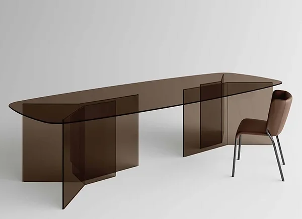 Thrim dining table by Tonelli Design with fused bronze glass top and matching bronze glass base, displayed in Royal Oak, Michigan.