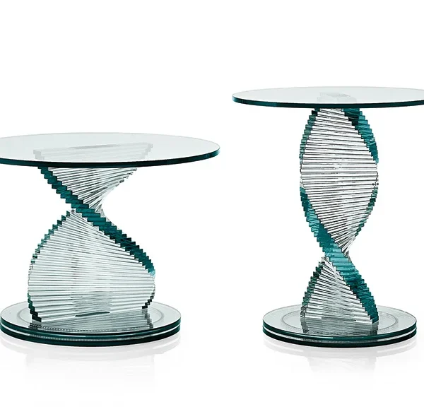 Elica Low Table by Tonelli Design featuring a transparent glass top and a sculptural helical glass base, displayed in Royal Oak, Michigan.