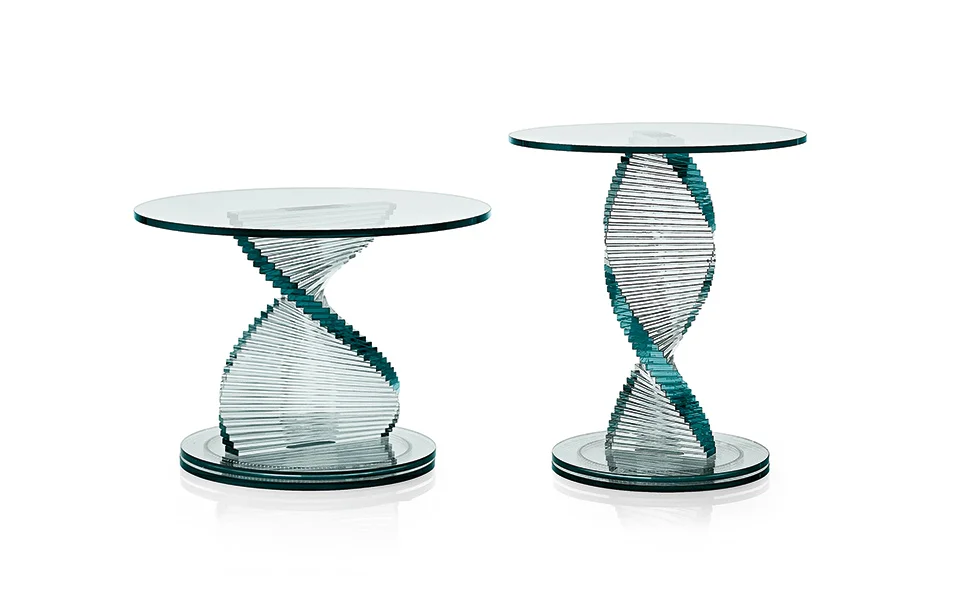 Elica Low Table by Tonelli Design featuring a transparent glass top and a sculptural helical glass base, displayed in Royal Oak, Michigan.
