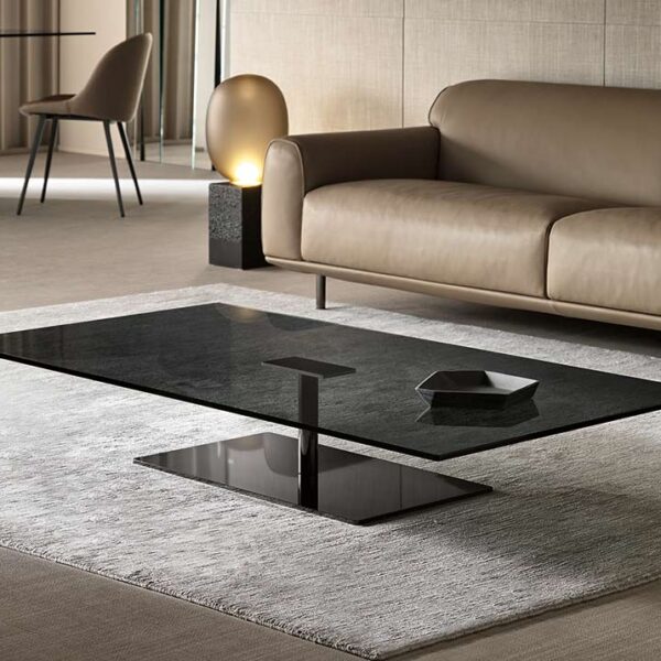 Farniente Low Table by Tonelli Design featuring a transparent glass top and chrome base, displayed in Royal Oak, Michigan.