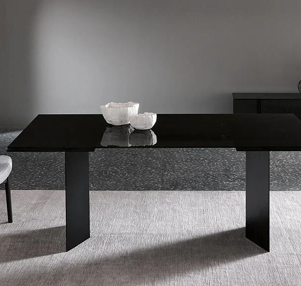 High table T-AB by Tonelli Design with dark smoked glass top and brushed bronze metal base, displayed in Royal Oak, Michigan.
