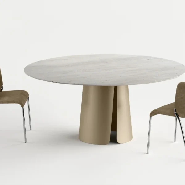 Wiston dining table by Tonelli Design with sinuous metal base and beveled extra-clear glass top, displayed in Royal Oak, Michigan.