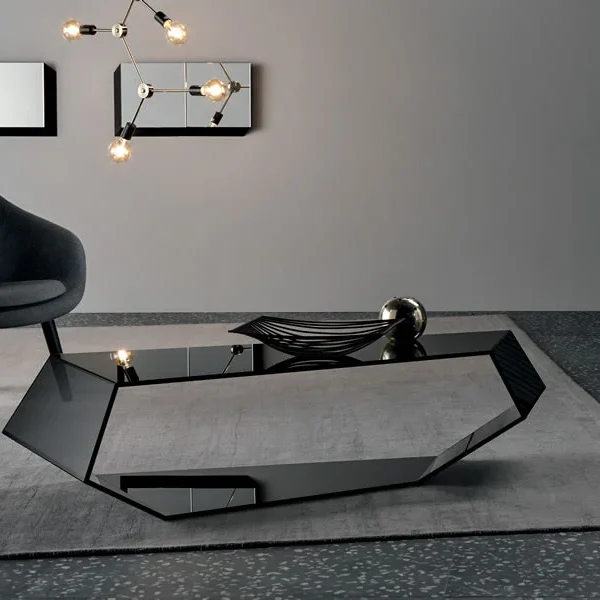 Dekon 2 low table by Tonelli Design with angular transparent glass structure, displayed in Royal Oak, Michigan.